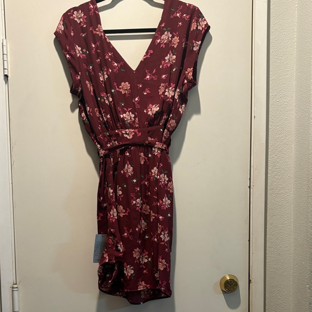 DR2 Burgundy Floral V-Neck Tie-Waist Mini Dress - Picture 3 of 4